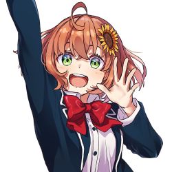 Rule 34 | 1girl, :d, ahoge, arm up, blush, bow, bowtie, flower, green eyes, hair flower, hair ornament, honma himawari, long sleeves, looking at viewer, nijisanji, open mouth, orange hair, red bow, red bowtie, round teeth, shirt, short hair, simple background, smile, solo, sunflower, sunflower hair ornament, teeth, upper teeth only, virtual youtuber, white background, white shirt, yufu kyouko