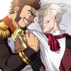 Rule 34 | 1boy, 2boys, beard, blue eyes, brown hair, commentary request, epaulettes, facial hair, fate/grand order, fate (series), fighting stance, gloves, grey hair, highres, james moriarty (archer) (fate), long sideburns, long sleeves, male focus, military, military uniform, multiple boys, muscular, mustache, napoleon bonaparte (fate), pectorals, scar, simple background, smile, staff, suzuki80, teeth, uniform, vest