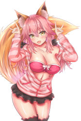 Rule 34 | 10s, animal ears, black legwear, blush, breasts, cleavage, collarbone, fangs, fate/extra, fate (series), fox ears, fox tail, highres, large breasts, long hair, long sleeves, looking at viewer, lotpe, navel, official alternate costume, open mouth, pink hair, smile, tail, tamamo (fate), tamamo no mae (fate/extra), tamamo no mae (spring casual) (fate), thighhighs, unzipped, yellow eyes