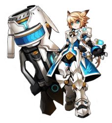 Rule 34 | 1boy, armor, blackjd83, blonde hair, boots, cannon, chung seiker, elsword, full body, gauntlets, gloves, greaves, green eyes, hair flaps, huge weapon, long hair, male focus, official art, shelling guardian (elsword), smile, spiked hair, standing, surcoat, weapon, white background