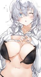 Rule 34 | 1girl, :o, bad id, bad twitter id, black bra, blue eyes, blush, bra, breasts, commentary request, front-hook bra, hands on own chest, kou mashiro, large breasts, long sleeves, messy hair, mole, mole on breast, mole on stomach, mole under mouth, navel, one eye closed, open bra, open clothes, open shirt, original, shirt, simple background, solo, underwear, upper body, white background, white hair, white shirt