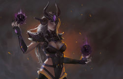 Rule 34 | 1girl, bad id, bad pixiv id, black nails, breasts, cleavage, fingernails, headpiece, highres, league of legends, long fingernails, long hair, nail polish, purple eyes, shevan, shoulder pads, silver hair, solo, syndra
