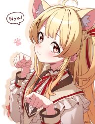 Rule 34 | 1girl, :3, absurdres, ahoge, animal ears, blonde hair, cat ears, fortissimo, hair ornament, highres, hololive, hololive dev is, long hair, musical note, musical note hair ornament, nyan, otonose kanade, paw pose, paw print, red eyes, virtual youtuber, yan.c