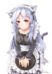Rule 34 | 1girl, animal ear fluff, animal ears, apron, black dress, black ribbon, blush, breasts, cat ears, cat girl, cat tail, chain, dress, ear piercing, frilled apron, frilled dress, frilled sleeves, frills, highres, holding, holding tray, long hair, long sleeves, looking at viewer, maid, maid headdress, medium breasts, mutang, neck ribbon, original, piercing, red eyes, ribbon, silver hair, simple background, sleeves past wrists, solo, tail, tray, very long hair, white apron, white background