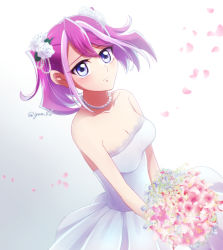 Rule 34 | 1girl, blue eyes, bouquet, breasts, cleavage, closed mouth, collarbone, dress, floating hair, flower, gradient background, grey background, hair between eyes, hair flower, hair intakes, hair ornament, hiiragi yuzu, holding, holding bouquet, jewelry, long hair, medium breasts, multicolored hair, necklace, pink flower, pink hair, red hair, rose, sleeveless, sleeveless dress, solo, strapless, strapless dress, streaked hair, twitter username, two-tone hair, upper body, wedding dress, white background, white dress, white flower, white rose, yu-gi-oh!, yu-gi-oh! arc-v, yun yu