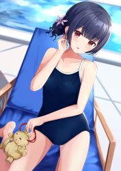 Rule 34 | 1girl, bare shoulders, blonde hair, blush, cameltoe, competition school swimsuit, feet, hair bun, highres, idolmaster, idolmaster shiny colors, kneeling, looking at viewer, miso (misomiso 154), morino rinze, one-piece swimsuit, open mouth, pool, red eyes, school swimsuit, seiza, sidelocks, single hair bun, sitting, solo, swimsuit, thighs