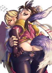 Rule 34 | 2girls, angel wings, ass, ass cutout, blonde hair, breath of fire, breath of fire iv, butt crack, cameltoe, capcom, closed mouth, clothing cutout, commentary request, covered mouth, dress, gloves, gold trim, hairband, half-closed eyes, holding another&#039;s wrist, kuroshio (zung-man), multiple girls, nina (breath of fire iv), pantyhose, short hair, skirt, undressing, ursula (breath of fire), very short hair, white wings, wings