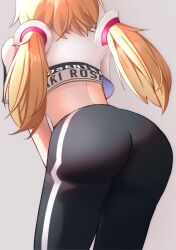Rule 34 | 1girl, absurdres, aki rosenthal, ass, ass focus, back, black pants, blonde hair, character name, commentary, cropped torso, detached hair, from behind, grey background, highres, hololive, hololive dance practice uniform, lavendeavor, leaning forward, long hair, median furrow, official alternate costume, pants, simple background, solo, sports bra, sweatpants, symbol-only commentary, twintails, virtual youtuber