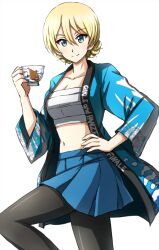 Rule 34 | 1girl, anglerfish, animal print, black pantyhose, blonde hair, blue coat, blue eyes, blue skirt, braid, chest sarashi, closed mouth, coat, commentary, copyright name, cup, darjeeling (girls und panzer), english text, fish, fish print, girls und panzer, girls und panzer saishuushou, hand on own hip, hanten (clothes), happi, highres, holding, holding cup, japanese clothes, knee up, long sleeves, looking at viewer, midriff, miniskirt, navel, omachi (slabco), open clothes, open coat, pantyhose, pleated skirt, print coat, sarashi, short hair, skirt, smile, solo, standing, teacup, twin braids