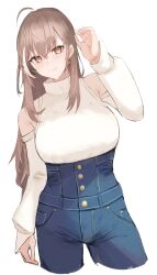 Rule 34 | 1girl, absurdres, ahoge, arm up, berry, brown eyes, brown hair, cosplay, crossed bangs, denim, detached sleeves, earrings, food-themed earrings, high-waist pants, highres, hololive, hololive english, jeans, jewelry, long hair, long sleeves, looking at viewer, multicolored hair, nanashi mumei, official alternate hairstyle, ouro kronii, ouro kronii (casual), ouro kronii (cosplay), pants, pollux368, shirt, smile, streaked hair, virtual youtuber, white shirt