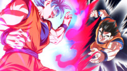 Rule 34 | 2boys, black hair, blue hair, dragon ball, dragon ball super, energy, father and son, fighting, fighting stance, hair between eyes, looking at another, male focus, multiple boys, muscular, muscular male, open mouth, rom (20), short hair, son gohan, son goku, super saiyan, super saiyan blue, teeth