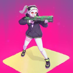 Rule 34 | absurdres, angry, artificial eye, artist request, bad id, bad twitter id, black footwear, black jacket, blue bra, bra, clenched teeth, colored sclera, commentary, cyberpunk (series), cyberpunk edgerunners, flat chest, gradient background, green hair, highres, holding, holding weapon, jacket, leg tattoo, mechanical eye, medium hair, open clothes, open jacket, petite, rebecca (cyberpunk), red eyes, red sclera, samurai jacket (cyberpunk), shoes, simple background, tattoo, teeth, twintails, underwear, weapon