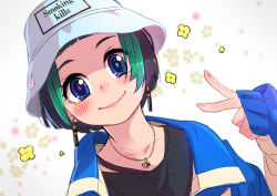 Rule 34 | 1boy, androgynous, black hair, black shirt, blouse, blue jacket, blunt bangs, blush, collarbone, commentary, earrings, floral background, green hair, hat, hat writing, jacket, jewelry, kemono friends, kemono friends 2, kyururu (kemono friends), looking at viewer, male focus, mismatched pupils, multicolored hair, necklace, portrait, shirt, short hair, simple background, smile, solo, takami masahiro, two-tone hair, v, white background