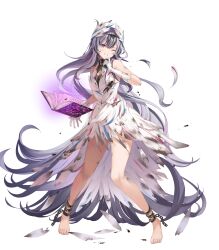 Rule 34 | 1girl, bare shoulders, barefoot, black hair, book, breasts, burnt clothes, chain, choker, clenched teeth, dress, feather hair ornament, feathers, fire emblem, fire emblem engage, fire emblem heroes, floating, floating object, full body, gloves, glowing, grey hair, hair ornament, highres, kanda done, long hair, multicolored hair, nintendo, non-web source, official art, one eye closed, open book, parted lips, purple eyes, sleeveless, small breasts, solo, sweat, sweatdrop, teeth, toes, torn clothes, torn dress, torn gloves, transparent background, two-tone hair, veyle (fire emblem), white dress