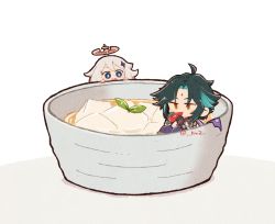 Rule 34 | 1boy, 1girl, black hair, blue eyes, blue hair, bowl, chibi, commentary request, eating, facial mark, food, forehead mark, genshin impact, gloves, grey hair, hair ornament, halo, holding, holding food, multicolored hair, nnz, orange eyes, paimon (genshin impact), parted lips, peeking out, twitter username, xiao (genshin impact)