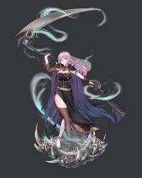 Rule 34 | armlet, asymmetrical legwear, black dress, blood, blood stain, blunt bangs, breasts, cleavage, cloak, dress, full body, grey background, highres, holding, holding weapon, hololive, hololive english, hoshiyoru yuzu, large breasts, long hair, looking at viewer, mori calliope, pink hair, red eyes, scythe, see-through, side slit, simple background, skull, solo, thighhighs, veil, virtual youtuber, weapon