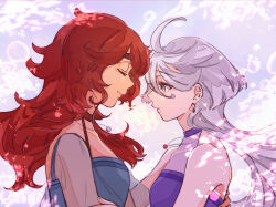 Rule 34 | 2girls, ahoge, bare shoulders, choker, closed eyes, closed mouth, curly hair, dress, earrings, forehead-to-forehead, from side, grey eyes, grey hair, gundam, gundam suisei no majo, hair between eyes, hair down, heads together, highres, jewelry, miorine rembran, multiple girls, necklace, official alternate costume, official alternate hairstyle, parted lips, pendant, profile, red:birthmark (song), red hair, see-through, see-through sleeves, sleeveless, sleeveless dress, suletta mercury, upper body, vt104k