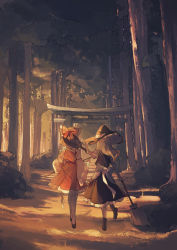 Rule 34 | 2girls, absurdres, back bow, black footwear, black headwear, black skirt, black vest, blonde hair, boots, bow, broom, brown hair, commentary request, detached sleeves, forest, frilled bow, frilled hat, frilled skirt, frills, from behind, gohei, hakurei reimu, hand on headwear, hat, highres, holding, holding broom, kirisame marisa, multiple girls, nature, oito (bowstringsmall), outdoors, puffy short sleeves, puffy sleeves, red bow, red skirt, red vest, scenery, shirt, shoes, short sleeves, skirt, socks, standing, standing on one leg, sunset, torii, touhou, tree, vest, white bow, white shirt, white sleeves, white socks, wide shot, wide sleeves, witch hat