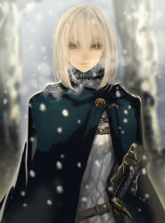 Rule 34 | 1girl, bad id, bad pixiv id, belt, blonde hair, breath, buckle, cloak, closed mouth, copyright request, gloves, knight, looking at viewer, outdoors, red eyes, short hair, shrimp platter, snowing, solo, sword, tree, upper body, weapon