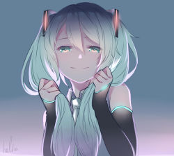Rule 34 | 1girl, blue sleeves, closed mouth, collared shirt, detached sleeves, green eyes, grey background, grey shirt, hair between eyes, hair ornament, half-closed eyes, halha 20, hatsune miku, highres, holding, holding own hair, long hair, long sleeves, looking at viewer, low twintails, necktie, shirt, silver hair, simple background, sleeveless, sleeveless shirt, smile, solo, twintails, upper body, very long hair, vocaloid, white necktie, wing collar