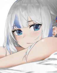 Rule 34 | 1girl, absurdres, blue eyes, blue hair, blurry, blurry foreground, blush, closed mouth, commentary, darkzmonsty, depth of field, gawr gura, grey hair, highres, hololive, hololive english, long hair, looking at viewer, lying, multicolored hair, on stomach, simple background, solo, streaked hair, virtual youtuber, white background
