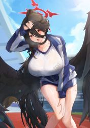 Rule 34 | 1girl, absurdres, black choker, black hair, blue archive, blue jacket, blush, breasts, choker, collarbone, commentary request, gym uniform, hair between eyes, halo, hasumi (blue archive), hasumi (track) (blue archive), highres, jacket, jiang (kplrt 07), large breasts, long hair, long sleeves, looking at viewer, low wings, mole, mole under eye, open mouth, outdoors, red eyes, shirt, solo, sweat, thighs, white shirt, wings