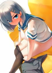 Rule 34 | 10s, 1girl, black pantyhose, blue eyes, blush, bottomless, breasts, commentary request, dragonmaterial, dutch angle, female focus, hair ornament, hair over one eye, hairclip, hamakaze (kancolle), kantai collection, large breasts, leg up, looking at viewer, no panties, pantyhose, sailor collar, school uniform, see-through, serafuku, silver hair, simple background, sitting, skirt, unworn skirt, solo, sweat