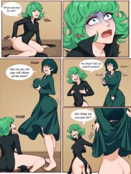 Rule 34 | 2girls, absurdres, allen skies, ass, barefoot, black dress, body switch, breast hold, breast lift, breasts, curly hair, dress, fubuki (one-punch man), green eyes, green hair, highres, large breasts, long sleeves, medium hair, multiple girls, one-punch man, open mouth, personality switch, short hair, siblings, sisters, small breasts, smile, tatsumaki, undressing