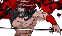 Rule 34 | 1boy, abs, angry, bare pectorals, biceps, brown hair, commentary, fate/grand order, fate (series), hakama, highres, holding, holding sword, holding weapon, igote, japanese clothes, katana, large pectorals, long hair, looking at viewer, male focus, mask, muscular, muscular male, pectorals, shiba ten, simple background, solo, spiked hair, stomach, sword, tanaka shinbei (fate), upper body, weapon, white background