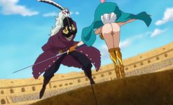 Rule 34 | 1girl, armor, ass, bikini armor, boots, bottomless, braid, braided ponytail, breasts, brown gloves, butt crack, cape, female focus, gloves, hip focus, long hair, no panties, nude, nude filter, one piece, pink hair, pussy, rebecca (one piece), screencap, shiny skin, suleiman, sword, thighs, third-party edit, weapon, wide hips