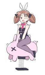 Rule 34 | 1girl, absurdres, azumanga daiou, breasts, brown eyes, brown hair, detached collar, high heels, highres, leotard, mihama chiyo, necktie, one eye closed, pantyhose, playboy bunny, rabbit tail, simple background, small breasts, spring rider, tail, twintails, white background, zlix0n