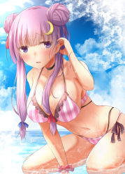 Rule 34 | 1girl, armlet, bikini, black choker, blue bow, blue ribbon, blue sky, blush, bow, breasts, choker, cloud, commentary request, crescent, crescent hair ornament, double bun, hair bow, hair bun, hair ornament, hair ribbon, kneeling, large breasts, looking at viewer, navel, no headwear, open mouth, patchouli knowledge, purple eyes, purple hair, ram hachimin, red bow, red ribbon, ribbon, scrunchie, sky, solo, striped bikini, striped clothes, sunlight, swimsuit, touhou, water, wet, wrist scrunchie