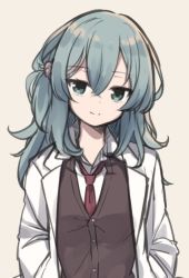 Rule 34 | 1girl, blue hair, brown background, brown vest, closed mouth, collared shirt, commentary request, green eyes, hair between eyes, hair ornament, head tilt, jacket, long hair, looking at viewer, natsuki teru, necktie, open clothes, open jacket, red necktie, riddle joker, shikibe mayu, shirt, simple background, smile, solo, upper body, vest, white jacket, white shirt