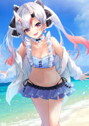 Rule 34 | 1girl, beach, bikini, blue bikini, breasts, cleavage, collarbone, commentary request, earrings, hair ribbon, highres, hololive, horns, jewelry, konkito, long hair, looking at viewer, medium breasts, nakiri ayame, nakiri ayame (hololive summer 2019), navel, open mouth, red eyes, ribbon, silver hair, skin-covered horns, sky, smile, solo, swimsuit, twintails, virtual youtuber