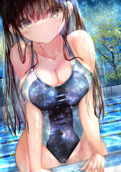 Rule 34 | 1girl, absurdres, black hair, black one-piece swimsuit, blush, breasts, chain-link fence, cleavage, commentary request, competition swimsuit, cowboy shot, dutch angle, embarrassed, fence, grey eyes, highres, lane line, large breasts, long hair, looking at viewer, ogata tei, one-piece swimsuit, original, pool, solo, swimsuit, tree, wet