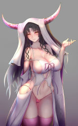 Rule 34 | 1girl, arm behind back, bare shoulders, black hair, breasts, chest tattoo, cleavage, cowboy shot, curvy, fate/grand order, fate (series), fingernails, glint, gradient background, grey background, head tilt, highres, horns, huge breasts, legs together, long fingernails, long hair, looking at viewer, navel piercing, nikuku (kazedesune), parted bangs, parted lips, piercing, pink thighhighs, revealing clothes, revision, see-through, sessyoin kiara, sideboob, simple background, skindentation, solo, standing, tattoo, thigh gap, thighhighs, thighs, very long hair, wavy hair, wide hips