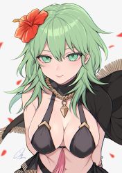 Rule 34 | 1girl, arms behind back, banned artist, bare shoulders, bikini, black bikini, black cape, breasts, byleth (female) (fire emblem), byleth (fire emblem), cape, commentary, fire emblem, fire emblem: three houses, fire emblem heroes, flower, green eyes, green hair, hair between eyes, hair flower, hair ornament, hibiscus, highres, large breasts, long hair, looking at viewer, navel, nintendo, red flower, shimizu akina, smile, solo, stomach, swimsuit, symbol-only commentary, upper body