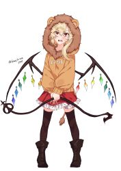 Rule 34 | 1girl, absurdres, animal ears, blonde hair, blush, boots, eyes visible through hair, fang, fingernails, flandre scarlet, frilled skirt, frills, full body, fur trim, hair between eyes, highres, himadera, hood, hoodie, lion ears, lion tail, medium hair, nail polish, open mouth, parka, red eyes, red nails, sharp fingernails, side ponytail, skirt, solo, tail, teeth, thighhighs, touhou, twitter username, white background, wings, zettai ryouiki