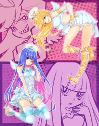 Rule 34 | 10s, 2girls, alternate costume, bad id, bad pixiv id, blonde hair, blue eyes, blue hair, bow, bridal gauntlets, corset, frills, hair bow, halo, heart, high heels, highres, jewelry, legs, long hair, lots of jewelry, multiple girls, panties, panties around leg, panty &amp; stocking with garterbelt, panty (psg), roku (hikokeng), sandals, shoes, siblings, sisters, smile, stocking (psg), striped clothes, striped thighhighs, thighhighs, underwear, wings