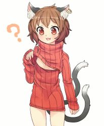 Rule 34 | 1girl, alternate costume, animal ears, brown hair, cat ears, cat tail, chen, earrings, ibaraki natou, jewelry, multiple tails, nekomata, short hair, simple background, single earring, solo, tail, touhou, two tails