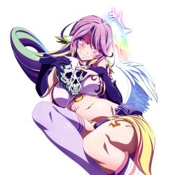 Rule 34 | 1girl, absurdres, angel wings, animal ears, breasts, breasts apart, spiked halo, crop top, cross, dutch angle, elbow gloves, extraction, feathered wings, gloves, gradient hair, halo, hanzawa jun, head tilt, highres, huge filesize, jibril (no game no life), large breasts, long hair, looking at viewer, low wings, lying, magic circle, midriff, multicolored eyes, multicolored hair, navel, no game no life, on side, pink eyes, pink hair, purple thighhighs, single thighhigh, skull, smile, smirk, solo, symbol-shaped pupils, tattoo, thighhighs, third-party edit, transparent background, white wings, wing ears, wings, yellow eyes