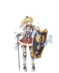 Rule 34 | 1girl, armor, armored boots, asymmetrical bangs, blonde hair, blue eyes, boots, braid, breasts, cleavage, earrings, elise (royal flush heroes), french braid, full body, greaves, highres, holding, holding shield, holding sword, holding weapon, jewelry, long hair, official art, parted lips, pleated skirt, ponytail, royal flush heroes, shield, side ponytail, skirt, solo, sword, thigh boots, thighhighs, transparent background, weapon