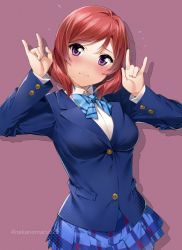 Rule 34 | 1girl, absurdres, blue bow, blue bowtie, blue skirt, bow, bowtie, breasts, closed mouth, commentary, cowboy shot, fox shadow puppet, hands up, highres, loafers, long sleeves, looking at viewer, love live!, love live! school idol project, medium breasts, nakano maru, nishikino maki, otonokizaka school uniform, pink background, plaid, plaid skirt, purple eyes, red hair, school uniform, shoes, short hair, simple background, skirt, solo, twitter username