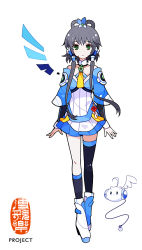 Rule 34 | 1girl, black hair, boots, choker, female focus, full body, green eyes, headset, ideolo, kneehighs, long hair, looking at viewer, luo tianyi, no nose, official art, short hair with long locks, sidelocks, simple background, single kneehigh, single sock, single thighhigh, skirt, socks, solo, thighhighs, tian dian, vocaloid, vocanese, white background