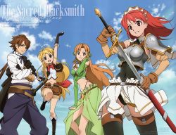 Rule 34 | 00s, 1boy, 3girls, aria (seiken no blacksmith), armor, breasts, brown hair, cecily cambell, gloves, highleg, lisa (seiken no blacksmith), long hair, luke ainsworth, multiple girls, open mouth, red eyes, red hair, seiken no blacksmith, short hair, smile, sword, weapon