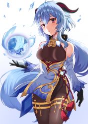 Rule 34 | 1girl, bare shoulders, bell, black pantyhose, blue hair, blush, bodysuit, bow, breasts, cowbell, detached sleeves, ganyu (genshin impact), genshin impact, goat horns, hair bow, half-closed eyes, highres, horns, long sleeves, looking at viewer, low ponytail, medium breasts, neck bell, pantyhose, pelvic curtain, purple eyes, shinatsukou, solo, thighs