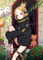 Rule 34 | 1girl, abigail williams (fate), abigail williams (traveling outfit) (fate), balloon, bandaid, bandaid on face, black bow, black coat, blonde hair, blue eyes, bow, coat, day, fate/grand order, fate (series), hair bow, high heels, highres, hugging own legs, looking at viewer, multiple hair bows, official alternate costume, outdoors, polka dot, polka dot bow, pumps, red footwear, shibainu, short hair, sitting, sleeves past wrists, solo, stuffed animal, stuffed toy, teddy bear, yellow bow