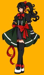 Rule 34 | 1jumangoku, 1other, adagumo no yaorochi, alternate costume, black eyes, black gloves, black hair, black shirt, black sleeves, black socks, blush, bow, bowtie, buttons, clenched hand, commentary, dress, elbow gloves, footwear bow, frilled cuffs, frilled dress, frilled sleeves, frills, full body, gloves, green dress, hair bow, hand on own hip, highres, idol, layered clothes, len&#039;en, light frown, long hair, mary janes, miniskirt, orange background, puffy short sleeves, puffy sleeves, purple cuffs, purple skirt, red bow, red bowtie, red ribbon, ribbon, shirt, shoes, short sleeves, side ponytail, skirt, socks, thighhighs, waist bow, white footwear, wrist cuffs