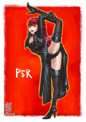 Rule 34 | 1girl, 2019, artist name, black jacket, black thighhighs, copyright name, dated, full body, gloves, high heels, holding, ikeda (cpt), jacket, leotard, long hair, looking at viewer, open mouth, persona, persona 5, persona 5 the royal, ponytail, red background, red eyes, red gloves, red hair, ribbon, scabbard, sheath, sheathed, simple background, smile, solo, split, standing, standing on one leg, strappy heels, sword, thighhighs, twitter username, weapon, yoshizawa kasumi