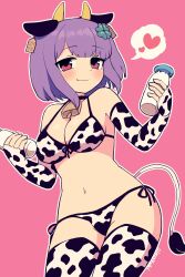 Rule 34 | 1girl, animal ears, animal print, armpits, artist name, bare shoulders, bell, bikini, bottle, breasts, cleavage, clover hair ornament, commentary request, contrapposto, cow ears, cow print, cow print bikini, cow print gloves, cow print thighhighs, cow tail, cowbell, cowboy shot, ear tag, fingerless gloves, front-tie bikini top, front-tie top, glass bottle, gloves, hair ornament, heart, highres, holding, holding bottle, holding glass bottle, horns, large breasts, navel, neck bell, original, pink background, print bikini, print gloves, print thighhighs, purple hair, short hair, side-tie bikini bottom, simoyuki, simple background, solo, spoken heart, swimsuit, tail, thighhighs